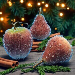 Fruit Ornaments Apple Pear Set • Faux Sugar Crystal Christmas Tree Decor • Vinta